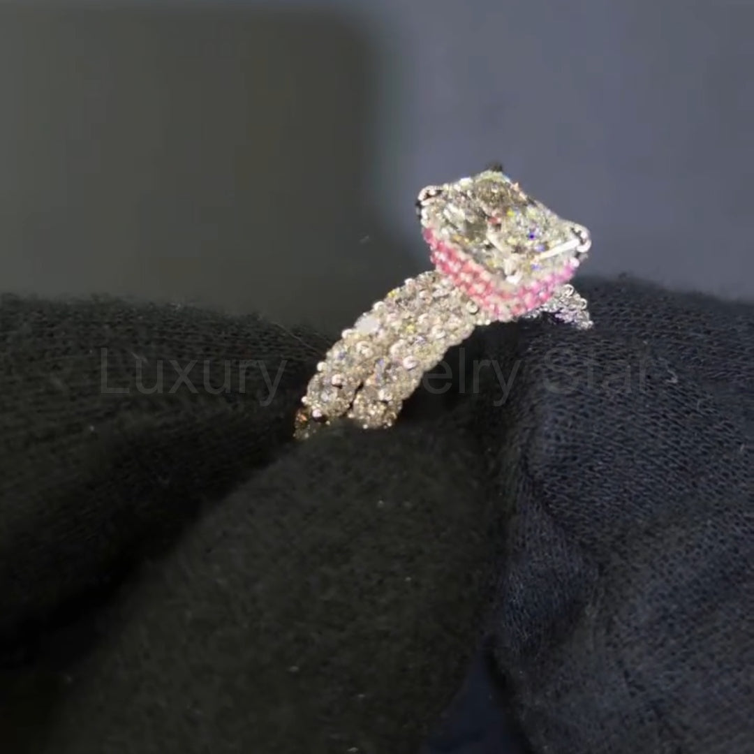 Radiant Cut 5.0ct Double Pink Hidden Halo 2PC Bridal Set in Sterling Silver