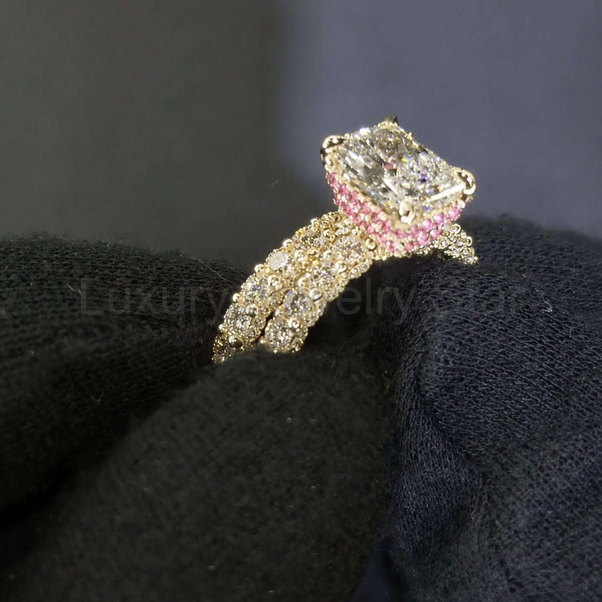 Radiant Cut 5.0ct Double Pink Hidden Halo 2PC Bridal Set in Sterling Silver - image 6