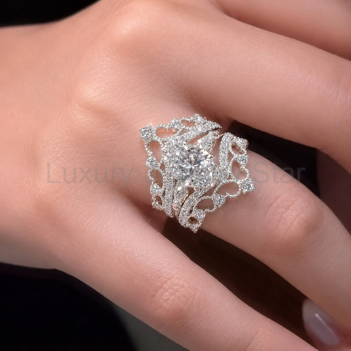 Romantic 3.5ct Oval Cut Lace Crown 3PC Bridal Set in Sterling Silver - image 2