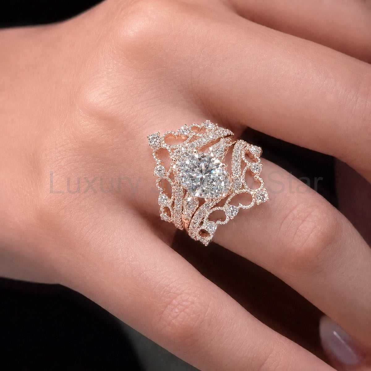 Romantic 3.5ct Oval Cut Lace Crown 3PC Bridal Set in Sterling Silver - image 3