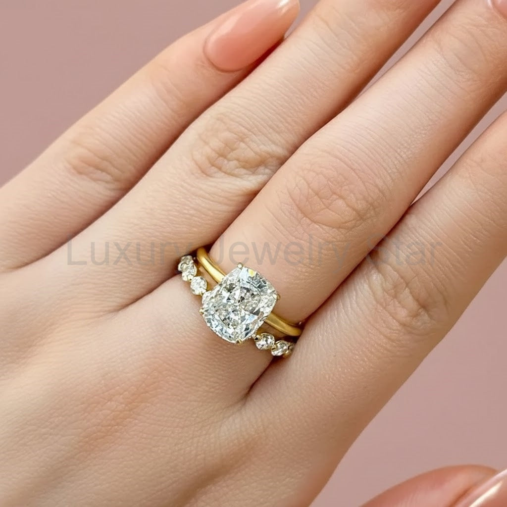 Refined Cushion Cut 4.0ct Hidden Halo 925 Sterling Silver Wedding Ring Set