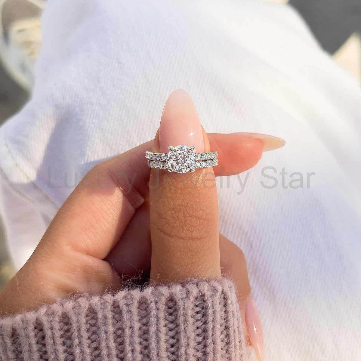 Resplendent Round Cut 1.2ct Pave 925 Sterling Silver Wedding Ring Set - image 2