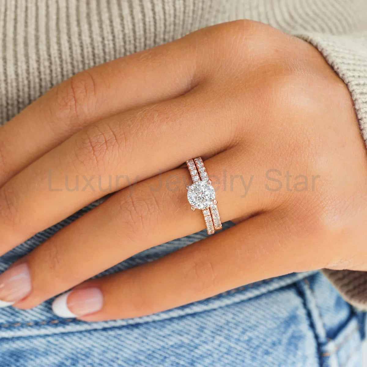 Resplendent Round Cut 1.2ct Pave 925 Sterling Silver Wedding Ring Set - image 5