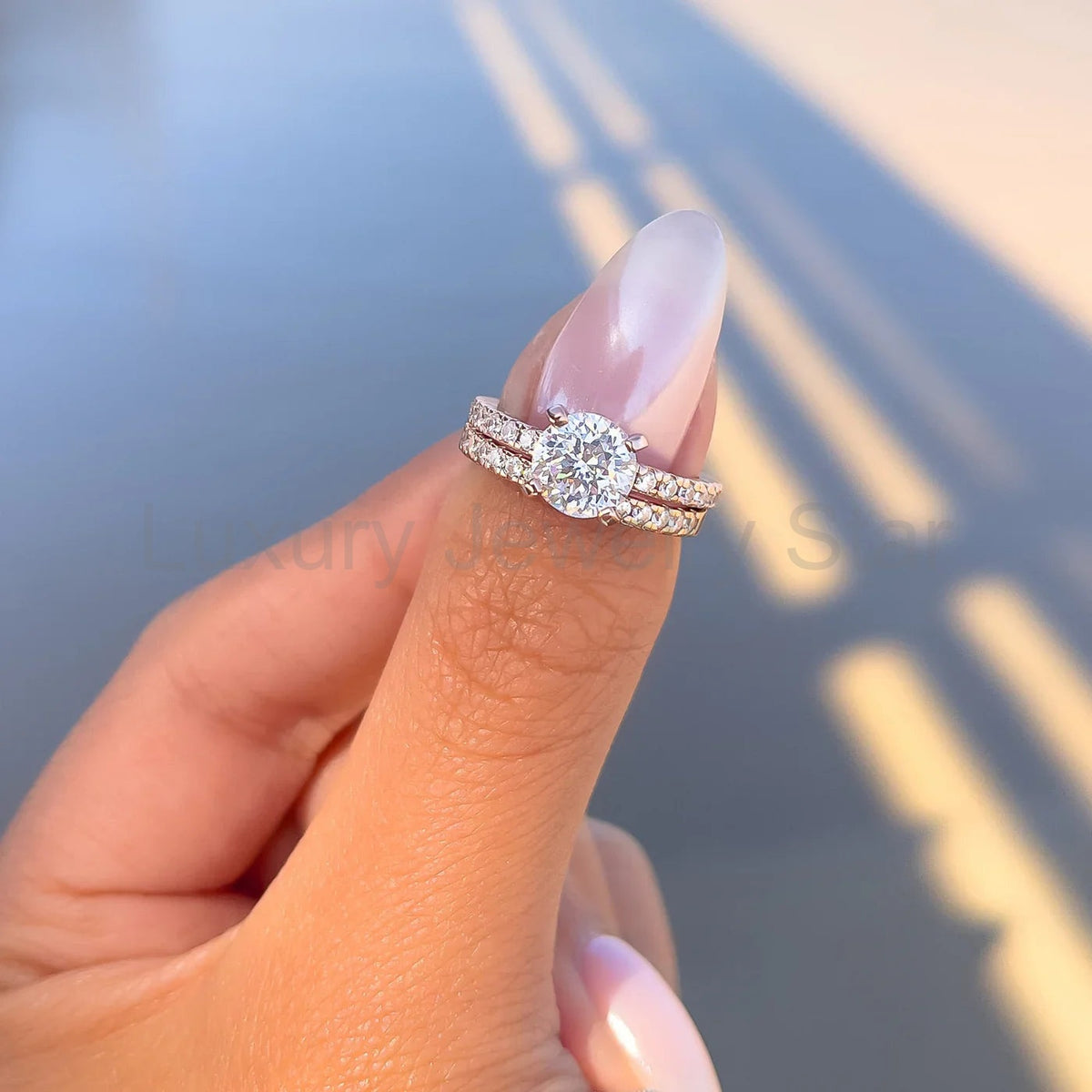 Resplendent Round Cut 1.2ct Pave 925 Sterling Silver Wedding Ring Set - image 6