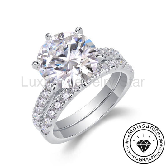 Round Cut Moissanite White Gold Plated 925 Sterling Silver Bridal Set Rings