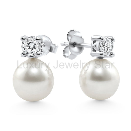 .40Ct Diamond & 8mm Pearl Studs Earrings Lab Grown