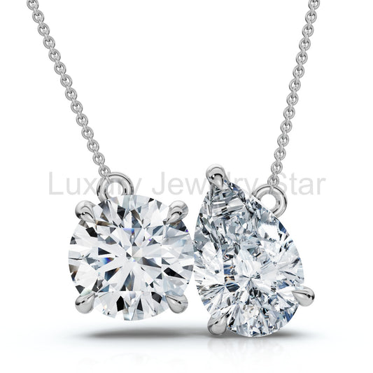 2Ct TW Toi et Moi Pear and Round Diamond Pendant 14k Gold 18" Necklace Lab Grown