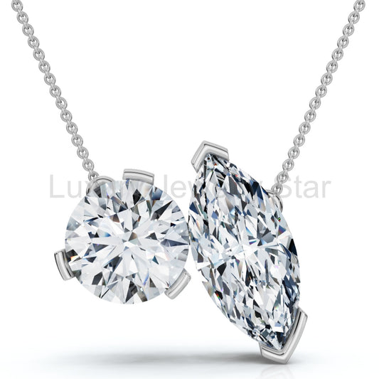 2Ct Toi et Moi Marquise and Round Diamond Pendant 14k Gold 18" Chain Lab Grown