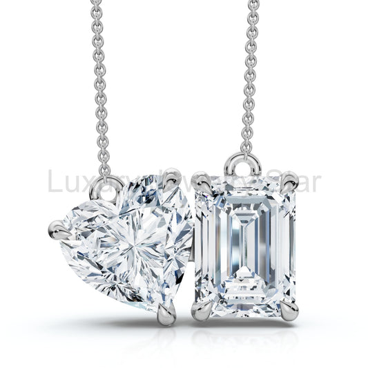 2Ct TW Toi et Moi Heart and Emerald Diamond Pendant 14k Gold 18" Chain Lab Grown