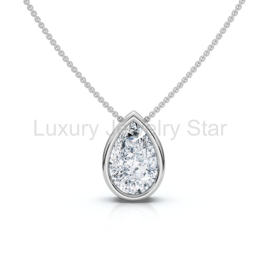 .50 - 2Ct Bezel Pear Shape Diamond Pendant 14k Gold Necklace 18" Lab Grown
