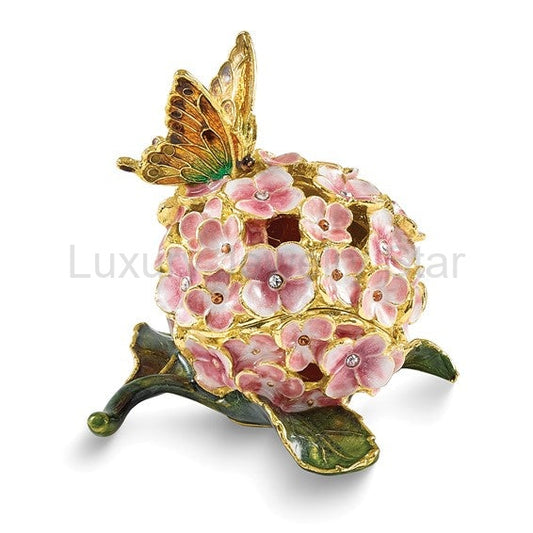 Bejeweled "Bashful" Butterfly on Hydrangea Trinket Box with Matching Necklace