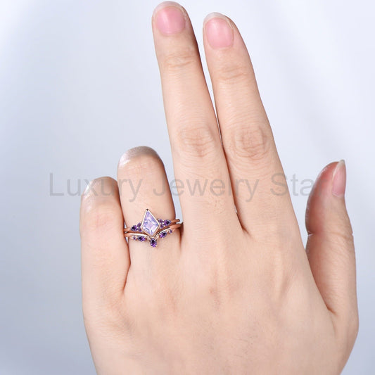 Kite Cut Lavender Amethyst Bezel Set Engagement Ring Amethyst Band Rose Gold Ring Set - image 2