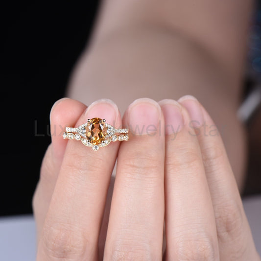 Oval Cut Natural Citrine Engagement Ring Diamond Matching Band Cluster Bridal Set - image 2