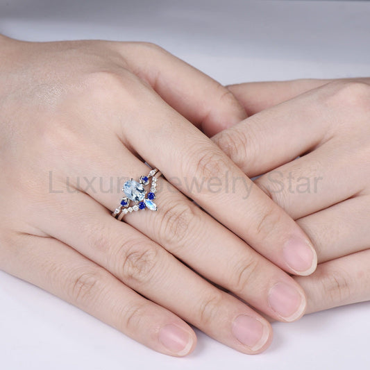 Oval Cut Natural Aquamarine Moon Celestial Ring Set Sapphire Moonstone White Gold Matching - image 2