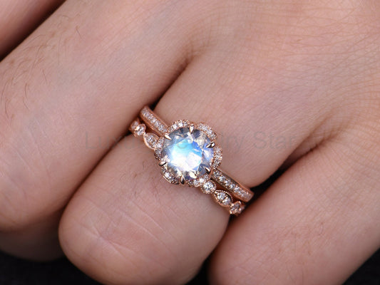 Rose Gold Moonstone Engagement Ring Set, Vintage Floral Wedding Band - image 2