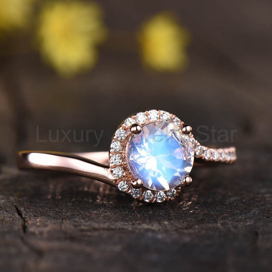 Rose Gold Moonstone Engagement Ring, Diamond Halo, Unique Promise Ring - image 2