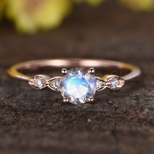 Rainbow Moonstone Ring, Art Deco 14K Rose Gold, Diamond Solitaire - image 2