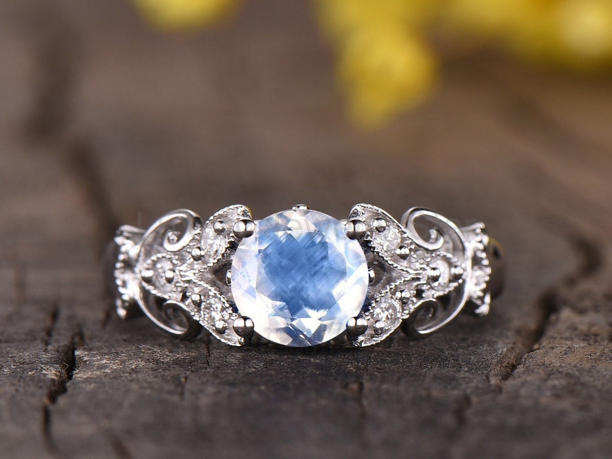 Rainbow Moonstone Engagement Ring, White Gold Floral Vintage Ring - image 2
