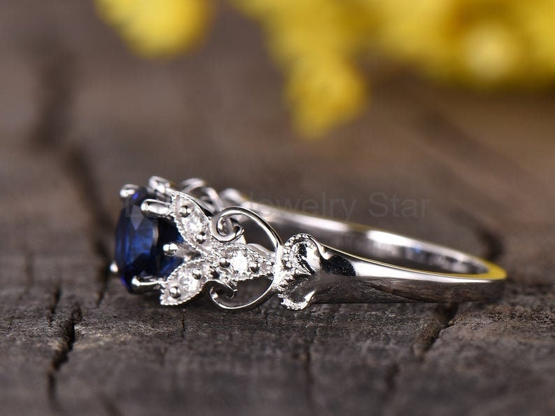 Rainbow Moonstone Engagement Ring, White Gold Floral Vintage Ring - image 3