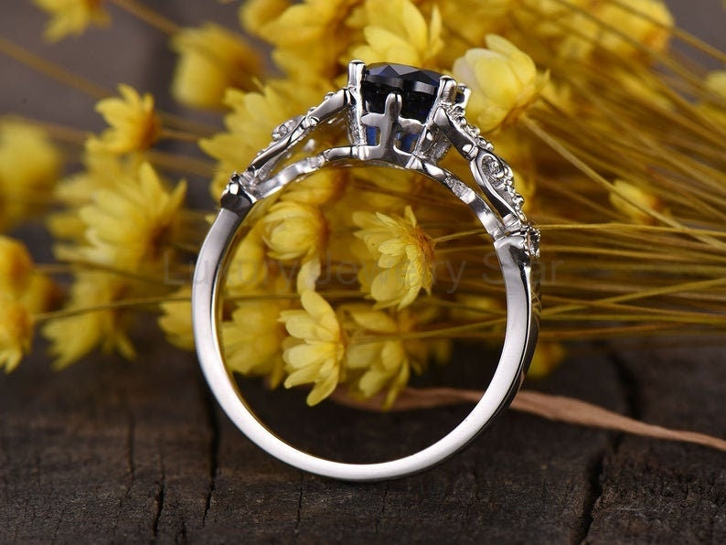 Rainbow Moonstone Engagement Ring, White Gold Floral Vintage Ring - image 4