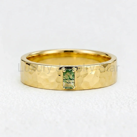 Marcus’s Keystone | Hammered Moss Agate Men’s Wedding Band
