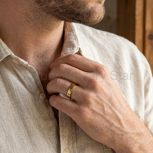 Marcus’s Keystone | Hammered Moss Agate Men’s Wedding Band
