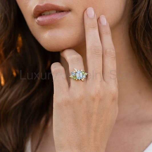 Celeste’s Bloom | Emerald Cut Blue Topaz Leafy Engagement Ring - image 2
