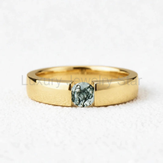 One Stone | Minimalist Solitaire Round Moss Agate Men’s Wedding Band