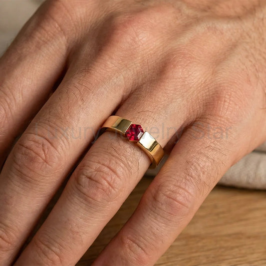 Ruben’s Hexagon | Ruby Tension Set Men's Wedding Band