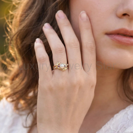 Rose’s Blossom | Round Opal & Amethyst Bridal Ring Set 2pcs - image 2