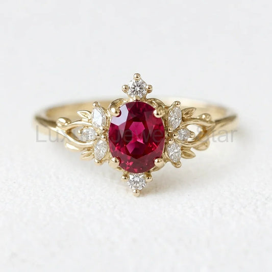 Roselight Briar | Oval Ruby Engagement Ring with Scattered Diamond Leaves
