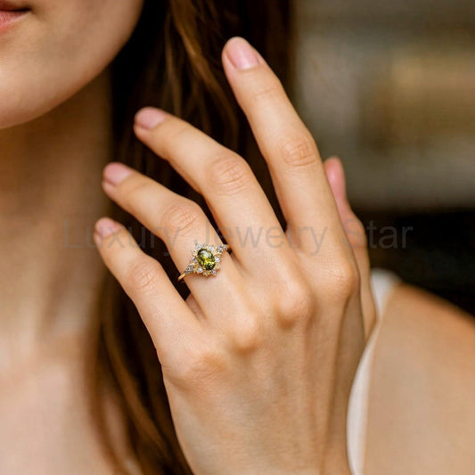 Rosalind’s Amber | 1CT Oval Cut Olive Yellow Sapphire Halo Engagement Ring - image 2