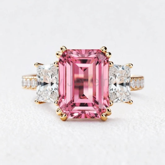 Cleo's Romance | 3CT Emerald Cut Pink Sapphire Engagement Ring