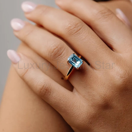 Celia’s Lodestar | 3CT Emerald Cut Aqua Sapphire Solitaire Engagement Ring