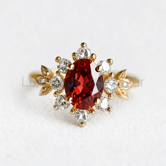 Anne’s Crimson | Oval Garnet Vintage Halo Engagement Ring