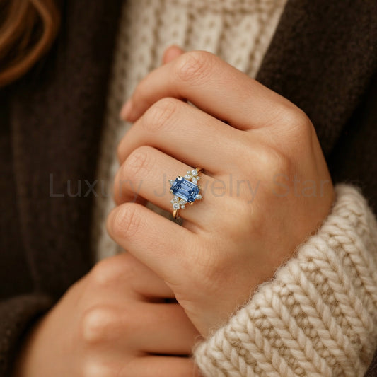 Lyra’s Cadence | 2CT Vintage Emerald Cut Blue Sapphire Ring