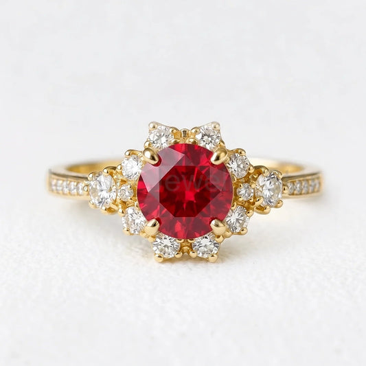 Valencia’s Pulse | Burgundy Round Ruby Halo Engagement Ring