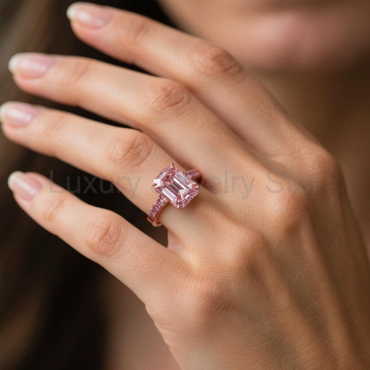 Elara’s Devotion | 3CT Emerald Cut Pink Sapphire Solitaire Engagement Ring - image 2