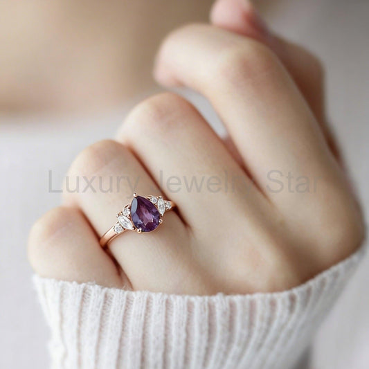 Celia’s Mirage | Classic Pear Lab Alexandrite Engagement Ring