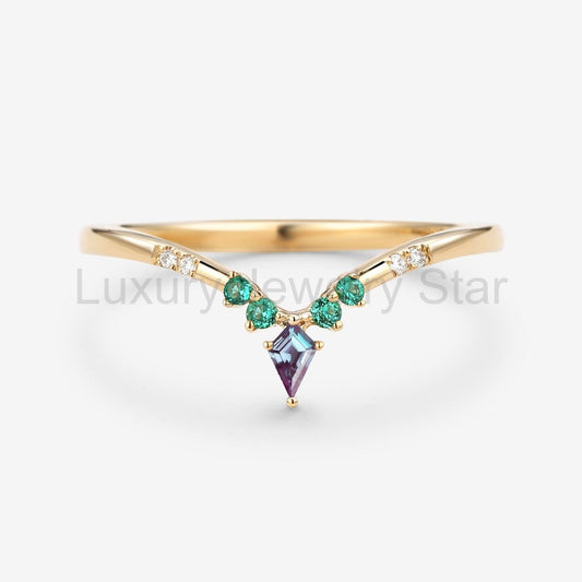 Alexandrite & Emerald & Moissanite  V Shaped Wedding Band