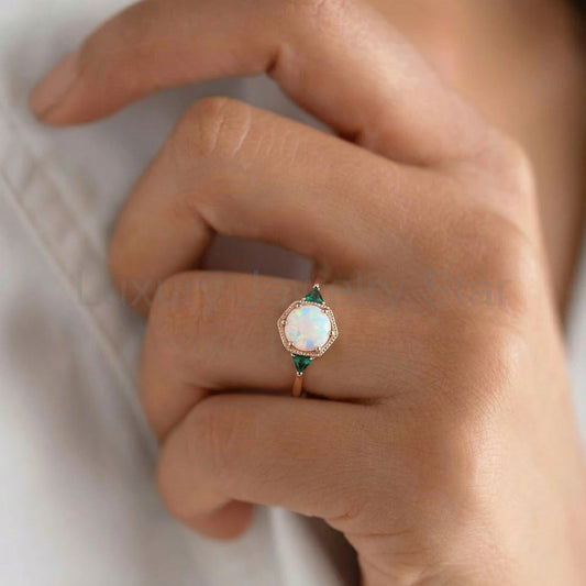 Moonlit Garden | Classic Opal & Emerald Engagement Ring