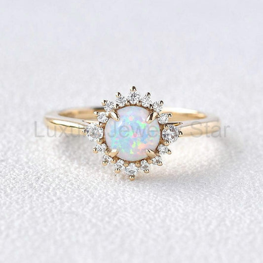 Valencia’s Sunburst | Round Opal & Moissanite Halo Ring