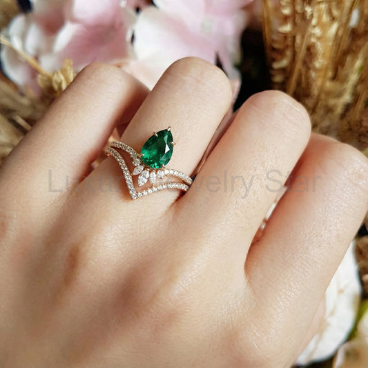 Mila 1.7CT Pear Emerald Classic Vintage Ring Set 2pcs - image 2
