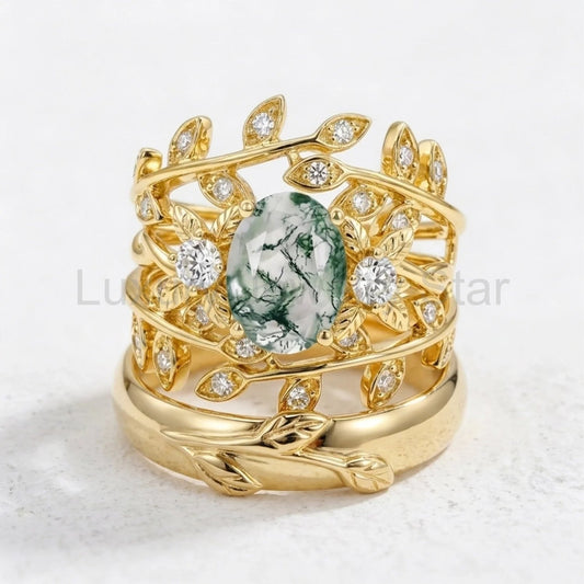Léonie Oval Cut Moss Agate Leafy Gold Couple Ring Set