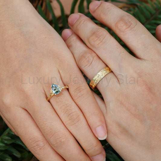 Laurel’s Spinney | Pear Moss Agate Leaf Wedding Band Couple Set 3pcs - image 2