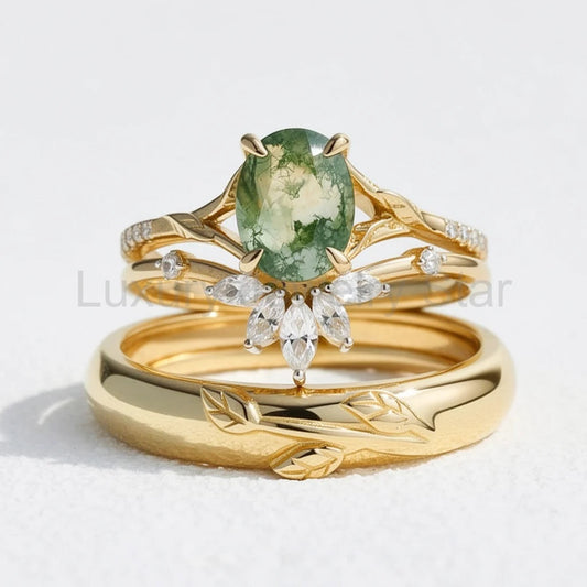 Zinnia’s Meadow | Oval Cut Moss Agate Leafy Gold Couple Ring Set 3pcs