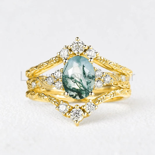 Hazel Blingflare Oval Moss Agate Filigree Ring Bridal Set 2pcs