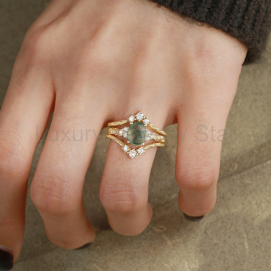 Hazel Blingflare Oval Moss Agate Filigree Ring Bridal Set 2pcs - image 2