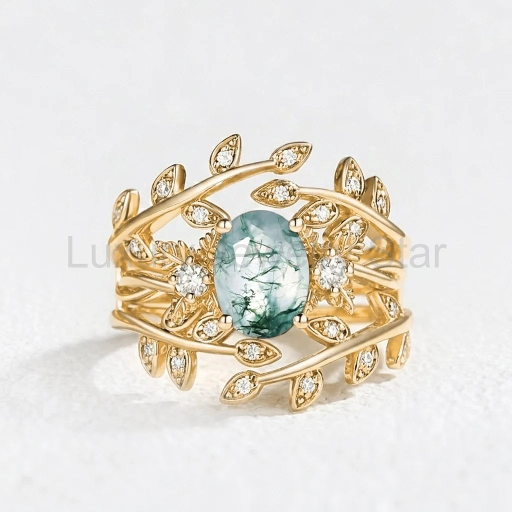 Léonie Oval Cut Moss Agate Leafy Enhancer Ring Set 2pcs