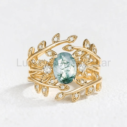 Léonie Oval Cut Moss Agate Leafy Enhancer Ring Set 2pcs